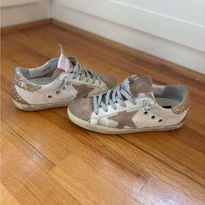 Golden Goose Beige and Gold Glitter Sneakers